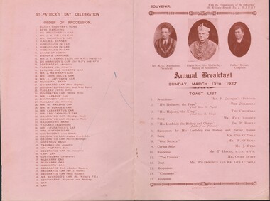 Document - SOUVENIR - ANNUAL BREAKFAST, ST PATRICK'S DAY, 1927