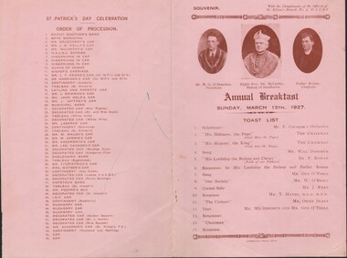 Document - SOUVENIR - ANNUAL BREAKFAST, ST PATRICK'S DAY, 1927, 1927