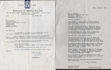 Document - LETTER AND REPLY - ROBERTSON & MULLENS PTY LTD/RHSV - BENDIGO BRANCH, 1970