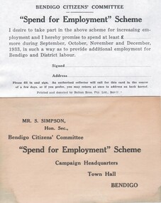 Document - CARD - COMMITMENT TO 'SPEND FOR EMPLYMENT SCHEME' - BENDIGO CITIZENS' COMMITTEE, 1933