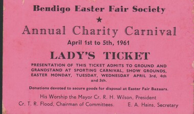 Document - TICKET TO ANNUAL CHARITY CARNIVAL (LADY'S TICKET), 1961