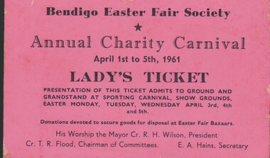 Document - TICKET TO ANNUAL CHARITY CARNIVAL (LADY'S TICKET), 1961