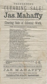 Document - ADVERTISING LEAFLET - CLEARING SALE; JAS MAHAFFY, SANDHURST, 1880s-1890s