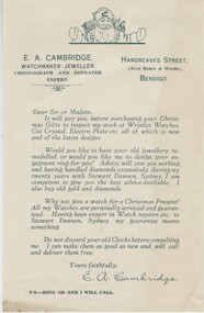 Document - ADVERTSING SHEET FOR E A CAMBRIDGE, WATCHMAKER AND JEWELLER, 1930s?
