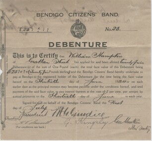 Document - BENDIGO CITIZENS' BAND DEBENTURE CERTIFICATE, 1924