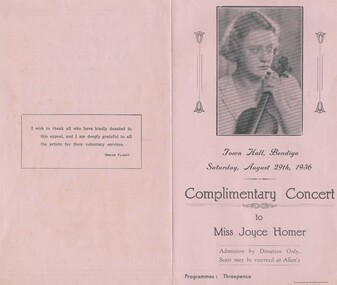 Document - PROGRAMME FOR COMPLIMENTARY CONCERT FOR MISS JOYCE HOMER, 1936