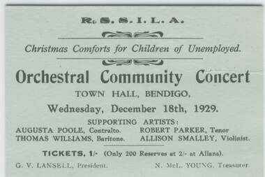 Document - CONCERT TICKET - ORCHESTRAL COMMUNITY CONCERT, BENDIGO, 1929