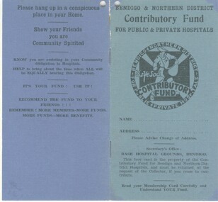 Document - MEMBERSHIP CARD FOR 'BENDIGO AND NORTHERN DISTRICT CONTRIBUTORY FUND FOR PUBLIC AND PRIVATE HOSPITAL, 1933
