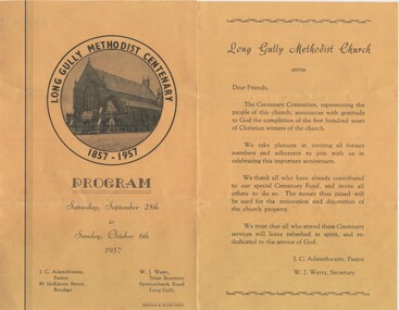 Document - PROGRAMME FOR LONG GULLY METHODIST CHURCH CENTENARY, 1957