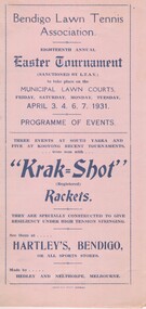 Document - TOURNAMENT PROGRAMME (BOOKLET) FOR BENDIGO LAWN TENNIS ASSOCIATION, 1931