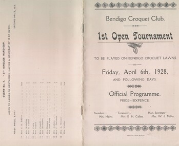Document - TOURNAMENT BOOKLET - OFFICIAL PROGRAMME: BENDIGO CROQUET CLUB, 1928