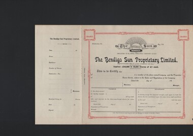 Document - CURNOW COLLECTION: SHARE CERTIFICATE BENDIGO SUN PROPRIETARY, 1910-20?