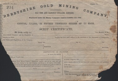 Document - CURNOW COLLECTION: SCRIP CERTIFICATE FOR DERBYSHIRE GOLD MINING CO, 1860's