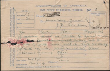 Document - CURNOW COLLECTION: LETTER AND TELEGRAM APPOINTMENT OF J H CURNOW TO SPECIAL REVISON COURT, 1903