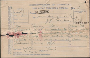 Document - CURNOW COLLECTION: LETTER AND TELEGRAM APPOINTMENT OF J H CURNOW TO SPECIAL REVISION COURT, 1903
