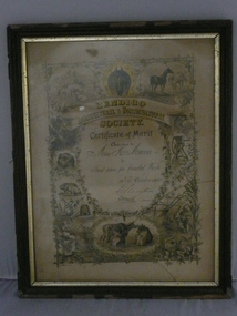 Document - BENDIGO AGRICULTURAL & HORTICULTURAL SOCIETY CERTIFICATE OF MERIT, 1890