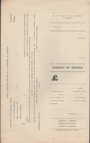 Document - CURNOW COLLECTION: FORM  WARRANT OF DISTRESS, 1920 - 1930's