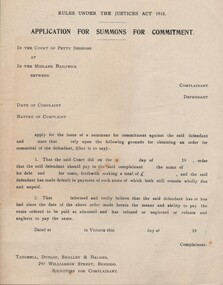 Document - CURNOW COLLECTION: FORM APPLICATION FOR SUMMONS FOR COMMITMENT, 1920 - 1930's
