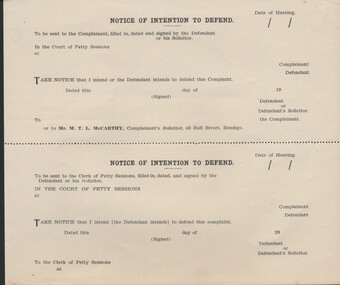 Document - CURNOW COLLECTION: FORM NOTICE OF INTENTION TO DEFEND, 193?