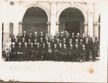 Photograph - GROUP OF FORTY EIGHT MEN IN FRONT OF MEMORIAL HALL, BENDIGO, 1926?