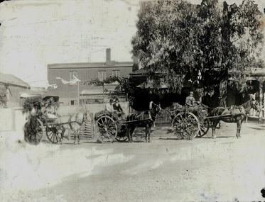 Photograph - THREE HORSE DRAWN VEHICLES, DECORATED, early 1900's