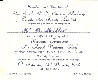 Document - BASIL MILLER COLLECTION: TRAMWAY MUSEUM OPENING INVITATION, 13th March 1965