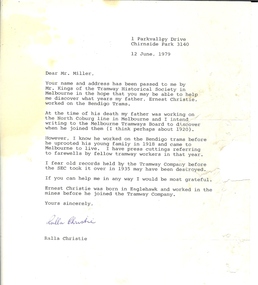 Document - BASIL MILLER COLLECTION: TRAMS - LETTER REQUESTING RESEARCH