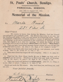 Document - MERLE BUSH COLLECTION: MISSION CARD, 1921