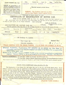 Document - BASIL MILLER COLLECTION: CERTIFICATE OF REGISTRATION OF MOTOR CAR, Feb 11, 1939