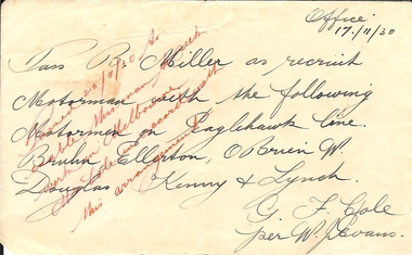 Document - BASIL MILLER COLLECTION: TRAMWAYS RECRUITMENT PAPERS, 17 November 1930