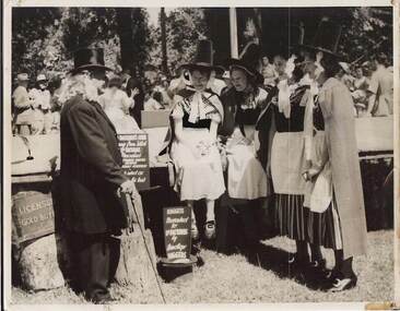 Photograph - ONE MALE, FOUR FEMALES IN COSTUME, IN PARK, c.1951