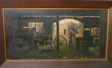 Painting - STONEHAMS CARRIAGE WORKS:OIL PAINTING OF BUSINESS INTERIOR, 1889