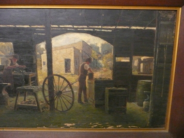 Painting - STONEHAMS CARRIAGE WORKS:OIL PAINTING OF BUSINESS INTERIOR, 1889