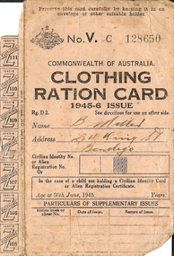 Document - BASIL MILLER COLLECTION: CLOTHING RATION CARD, (WARTIME), 1945-6