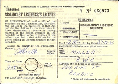 Document - BASIL MILLER COLLECTION: BROADCAST LISTENERS LICENCE (RADIO), 27 October 1960
