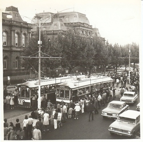 Photograph - BASIL MILLER COLLECTION: 2 TRAMS ON PALL MALL OUTSIDE POST OFFICE AND LAW COURTS