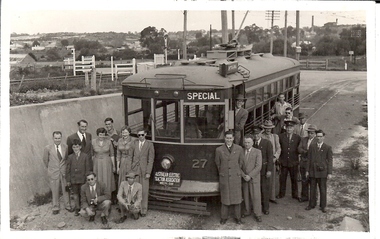 Photograph - BASIL MILLER COLLECTION: TRAM NO 27, SURROUNDED BY GROUP OF PEOPLE, 1954