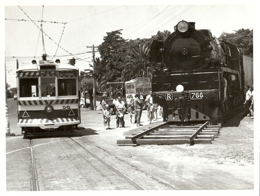 Photograph - BASIL MILLER COLLECTION: TRAIN AND TRAM IN MITCHELL STREET, BENDIGO, early 70's