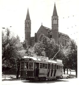 Photograph - BASIL MILLER COLLECTION: TRAM - PASSING SACRED HEART CATHEDRAL, BENDIGO, 1960's  ?