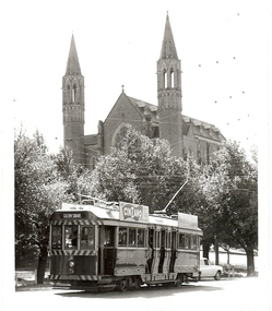 Photograph - BASIL MILLER COLLECTION: TRAM IN FRONT OF SACRED HEART CATHEDRAL  - BENDIGO TRAMWAYS, c 1960's ?