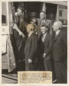 Photograph - BASIL MILLER COLLECTION: TRAMWAY STAFF WITH FIRST CONDUCTOR, MOTORMAN AND DRIVER OF ELECTRIC TRAM, 1953