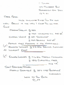 Document - LONG GULLY HISTORY GROUP COLLECTION: FAMILY TREE OF ROBERTS FAMILY