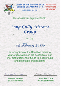 Document - LONG GULLY HISTORY GROUP COLLECTION: MASONIC CENTRE CERTIFICATE