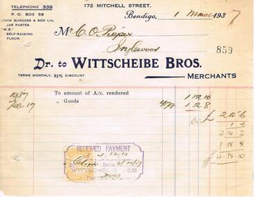 Document - WITTSCHEIBE BROS MERCHANTS, 172 MITCHELL STREET, BENDIGO: INVOICE