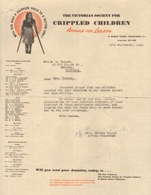 Document - DERRICK COLLECTION: LETTER FROM THE VICTORIAN SOCIETY FOR CRIPPLED CHILDREN