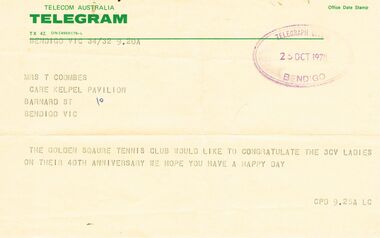 Document - DERRICK COLLECTION: TELEGRAM FROM GOLDEN SQUARE TENNIS CLUB TO 3CV LADIES