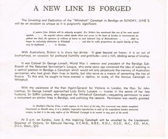 Document - UNVEILING OF 'WHITEHALL' CENOTAPH BENDIGO HISTORY