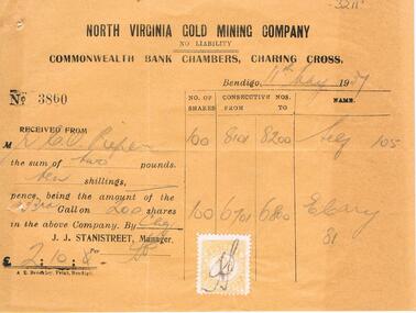 Document - PIEPER COLLECTION:  NORTH VIRGINIA GOLD MINING COMPANY RECEIPT