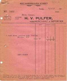 Document - PIEPER COLLECTION:  H.V. PULFER INVOICE