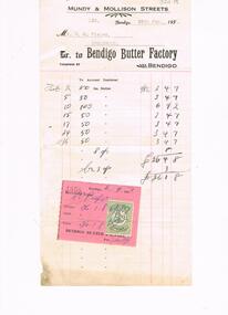 Document - PIEPER COLLECTION:  INVOICE BENDIGO BUTTER FACTORY, BENDIGO
